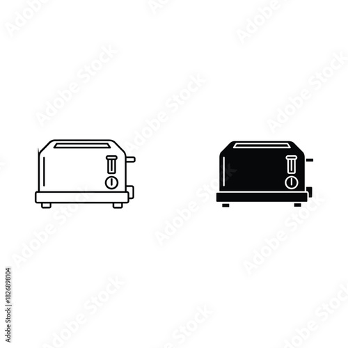 Simple line art and silhouette icons of a modern kitchen toaster