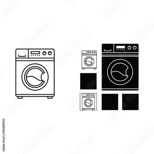 Modern front load washing machine icon and silhouette set