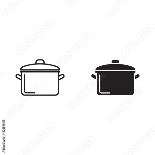 Two simple cooking pots one outlined and one solid black isolated on white background