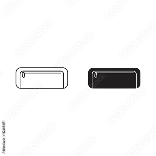 Two simple line art icons of a pencil case one outline and one solid black