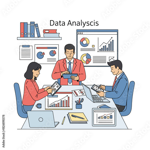 Team of Data Analysts Collaborating in a Meeting Room, Analyzing Charts and Graphs