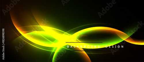 Bright neon lines create abstract wave pattern. Dark background emphasizes vibrant yellow, green, orange glow. Modern design element.