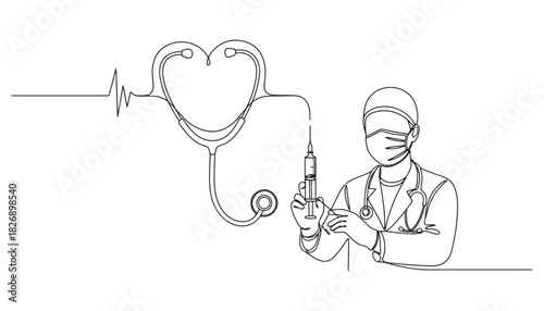 Single line art showing doctor with syringe and heart shaped stethoscope