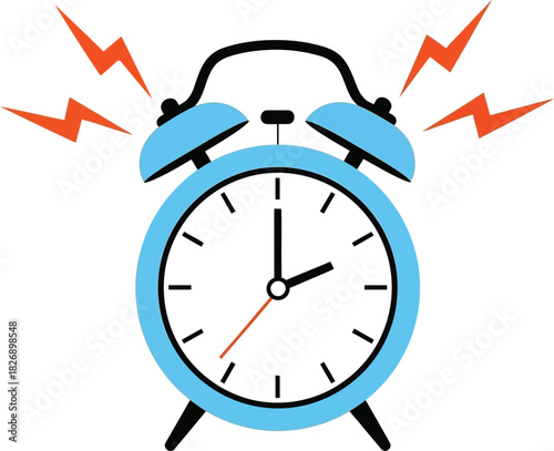 Alarm clock ringing illustration with vibrant blue color and orange sound waves, symbolizing time, awakening, and urgent deadlines.