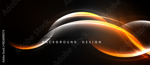 Dark background features glowing orange curves. Modern design elements create dynamic visual effect. Simple text reads background design.