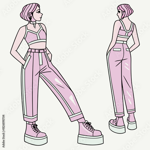 Fashionable anime girl in pink tracksuit and platform shoes