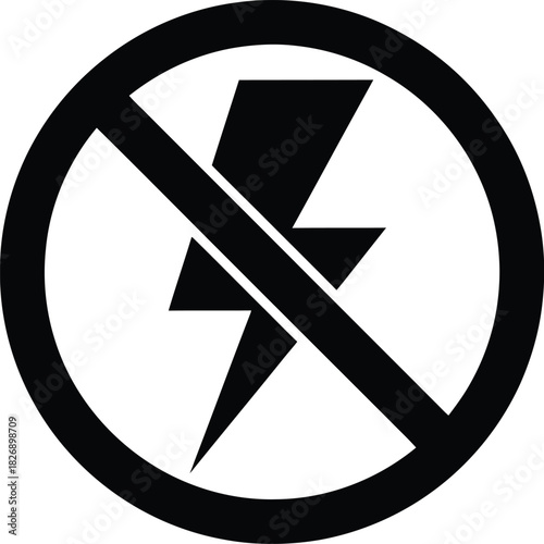 No electricity symbol, a black lightning bolt within a circular prohibition sign, warning against power, flash, or electrical hazards