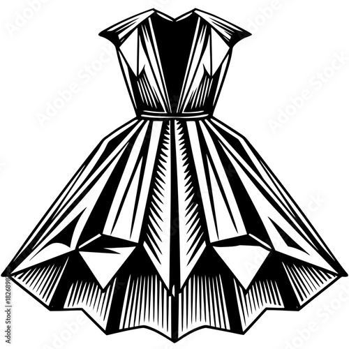 Stylized black and white dress illustration with geometric folds