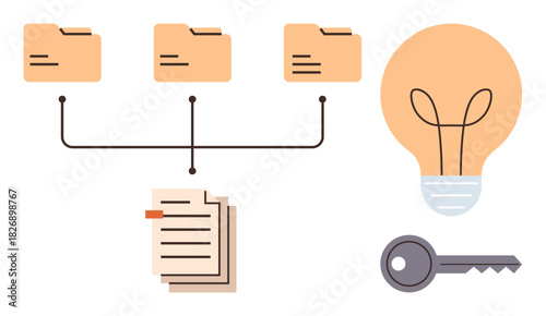 Connected folders lead to documents alongside a lightbulb and key. Ideal for data management, innovation, security, workflows, file organization, IT systems, business strategy. Simple flat metaphor