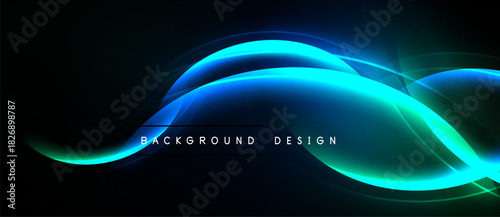 Abstract neon lines create flowing shapes over dark background. Modern design element for digital projects. Bright, dynamic composition.