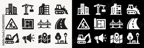 Construction & City Infrastructure Icons – Buildings, Machinery, Roads, Bridges & Maps Vector Set