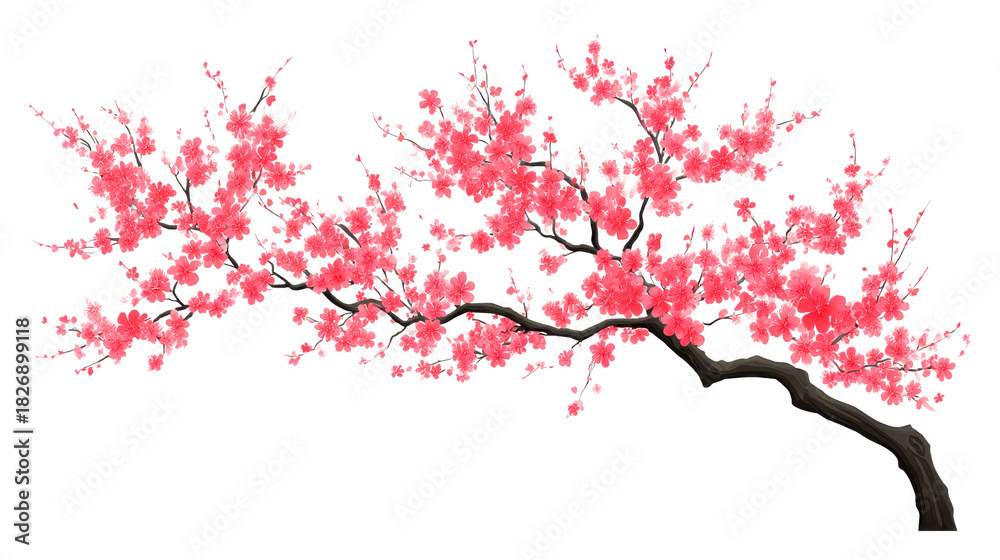 Fototapeta premium Cherry blossom branch with vibrant pink flowers and dark brown bark, symbolizing spring and renewal, isolated on transparent background, evoking peaceful and delicate mood