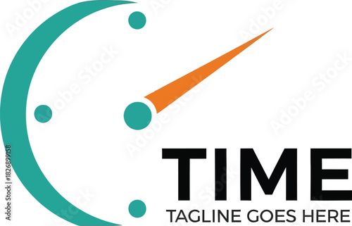Modern abstract time clock logo design concept, featuring a dynamic orange pointer and teal elements, ideal for services valuing speed and efficiency.