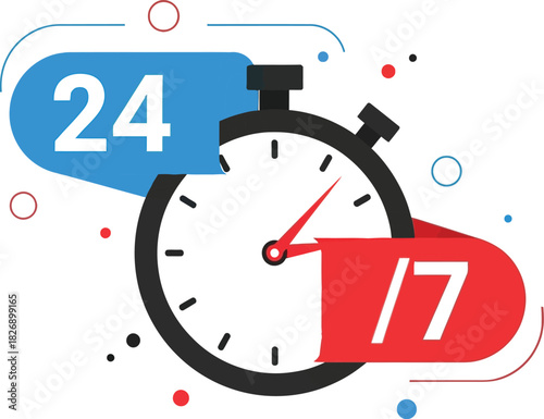24/7 nonstop service concept with stopwatch icon and bold numbers on a vibrant background, symbolizing constant availability