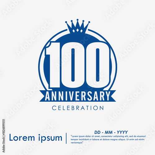 100th years blue anniversary celebration emblem with ribbon and crown on white background. vector illustration template design for web, flyers, poster, greeting card and invitation card