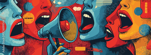 Ilustração vetorial vibrante de mulheres gritando com megafone, simbolizando protesto, ativismo e comunicação amplificada.
