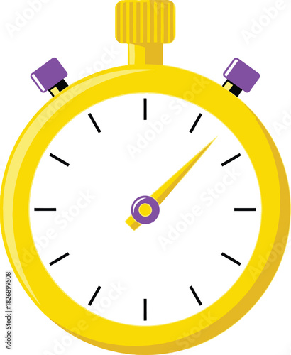 Yellow stopwatch with white face and purple buttons, displaying a single hand on a clean background, symbolizing time measurement and deadlines