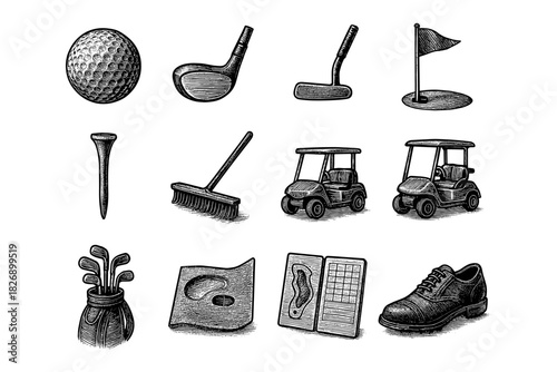 Vintage golf equipment collection featuring clubs, carts, and accessories in detailed black and white engraving style