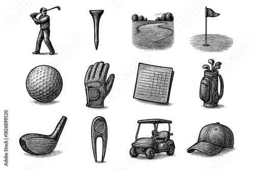 Vintage golf elements collection featuring hand-drawn equipment and course details