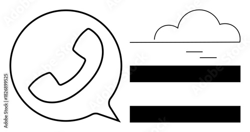 Phone icon in speech bubble alongside a cloud and two horizontal bars. Ideal for communication, cloud storage, messaging, networking, telecommunication, customer service, technology. Simple flat