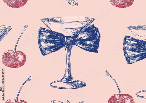 Padrão sem costura de coquetel elegante com taça decorada por laço e cerejas em estilo vintage.