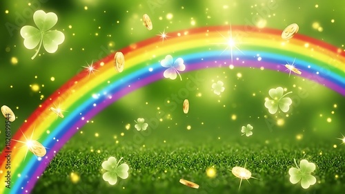 Enchanted St Patricks Day scene with a rainbow clovers and falling gold coins evoking fortune and magic in a vibrant green landscape suitable for celebratory themes