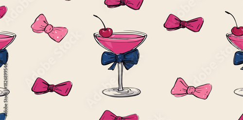 Padrão vetorial sem costura de coquetel rosa com cereja e laços decorativos em tons de azul e rosa.