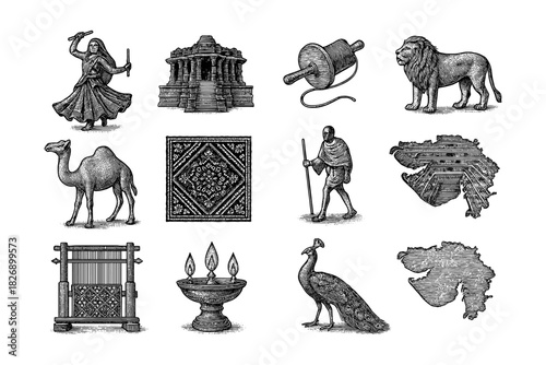 India heritage elements: traditional artifacts in detailed engraving style