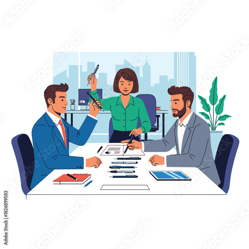 Three business people in a meeting discussing documents and making decisions together.