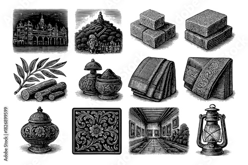 Vintage indian culture elements in intricate black and white engravings