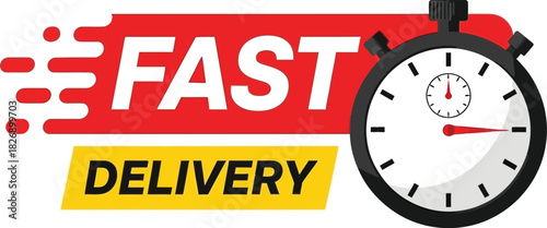 Fast delivery service concept with a stopwatch icon and speed lines, symbolizing quick shipping, express logistics, and timely order fulfillment.