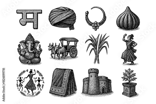 Traditional indian symbols in vintage engraving style