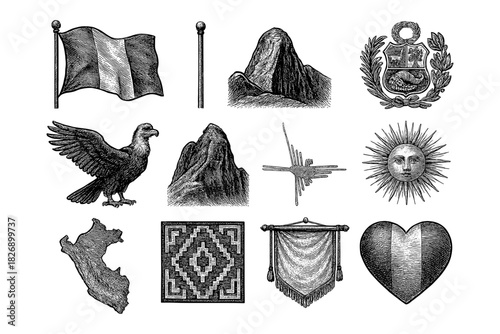 Intricate peruvian cultural symbols in detailed hand-drawn etching style