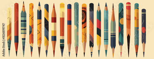 Uma coleção vibrante de lápis com padrões geométricos e abstratos, ideal para projetos criativos.