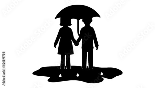Silhouette of couple holding hands under umbrella in puddle of water