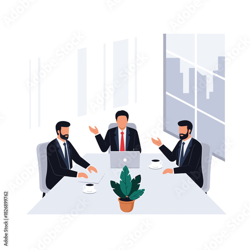 Three business professionals in suits engaged in a meeting around a conference table