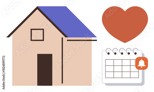 Simple house, red heart, and calendar with alert icon emphasize home care, love, and time management. Ideal for health, safety, scheduling family well-being real estate and planning. Simple flat