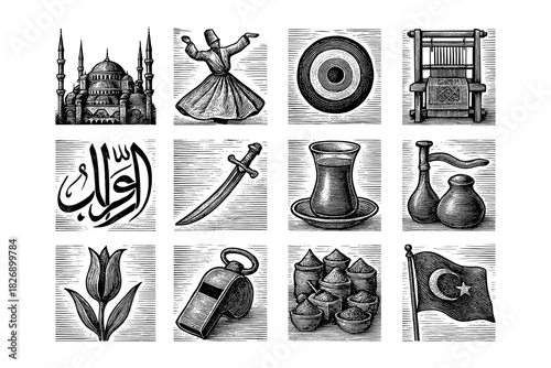Intricate vintage engravings of turkish culture and traditions