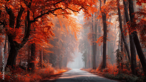 Autumn Forest Road with Orange Leaves and Morning Mist Landscape