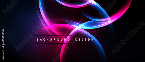 Abstract neon curves, vibrant pinks, blues create dynamic background. Dark space emphasizes glowing lines, modern design element.