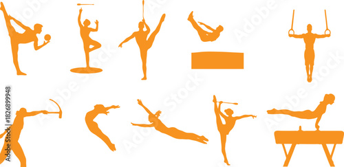 Gymnastics silhouette set artistic gymnastics poses and equipment on white background