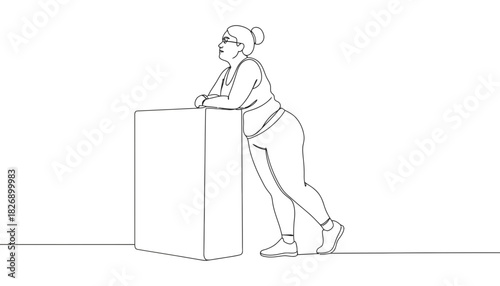Woman leaning on box in continuous line drawing looking to the side view