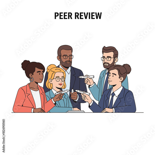 Illustration of diverse business people conducting a peer review or evaluation process