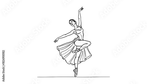 Line art drawing of a ballerina in a graceful pose on a white background