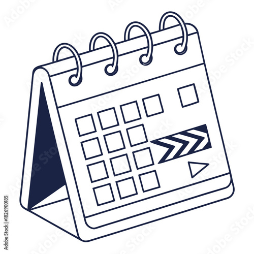 A simple line drawing of a desk calendar with a clapperboard and play button icon marking a date representing film production scheduling and planning