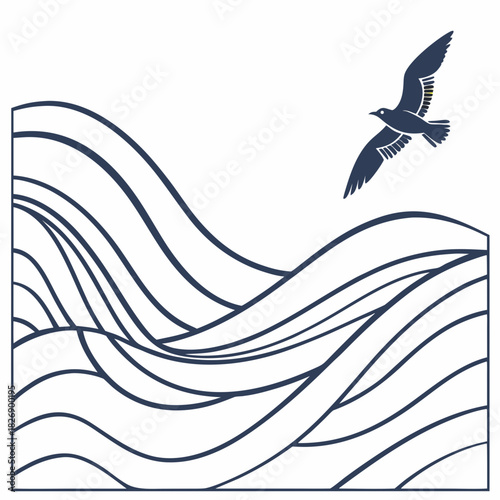 Stylized dark blue silhouette of a seagull soaring gracefully above abstract flowing ocean waves against a clean white background creating a serene coastal scene