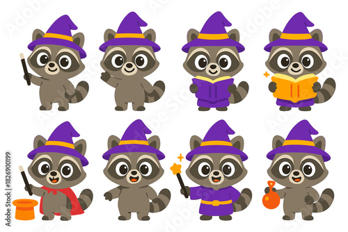 Cute cartoon raccoons in halloween wizard costumes with magic props