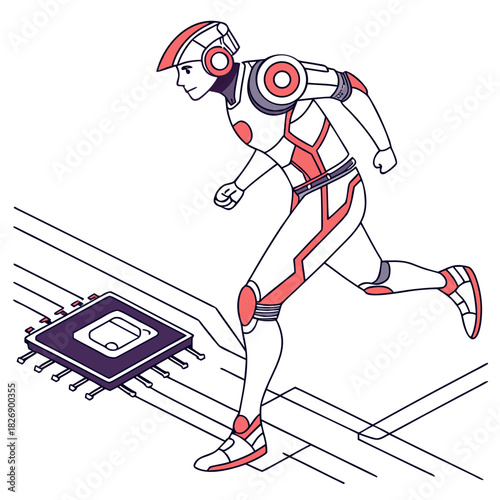 Futuristic humanoid robot running on a circuit board pathway next to a central processing unit chip representing technological advancement and artificial intelligence