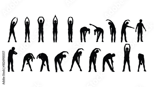 Stretching exercise silhouettes collection isolated on white background, Vector