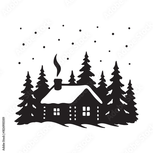 Rustic winter cabin scene with snow falling among pine trees, evoking a sense of cozy isolation and natural beauty